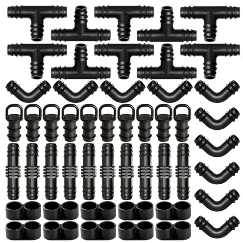 VooGenzek 50 Stücke 16mm Bewässerung Anschluss Kit für Schläuche, Stecker Widerhaken Schlauch Verbinder 16mm Bewässerung System, Gerade, Bögen, T-Stücken, End Kappen, Endstopfen