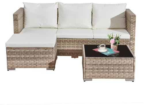 Acorn Living Rattan Garden Furniture Set 4 Seater Sectional Patio Sofa Chair with Glass Coffee Table, White Cushions for Outdoor Backyard Poolside