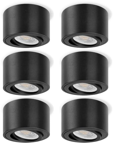 GeyouLux 6x LED Aufbauspot Schwarz - Extra Flach & 38° Schwenkbar - Ø80x50mm Aufputz Deckenleuchte - 5W 3000K LED Modul 230V - Deckenstrahler Aufbaustrahler