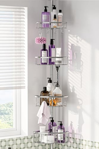 Corner Shower Caddy Tension Pole: Stainless Steel Rustproof 4-Tier Shower Organizer - 47-121 inch Adjustable Bathroom Shelves for Bathtub Shampoo Storage - Tension Rod Floor Standing Bath Rack