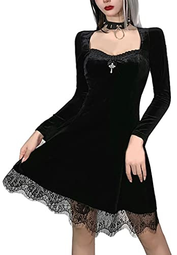 XKBHYD Robe gothique pour femme - Costume d'Halloween - En velours - Manches longues - Avec dentelle - Col carré - Élégante robe de fête festive, Noir , XXL