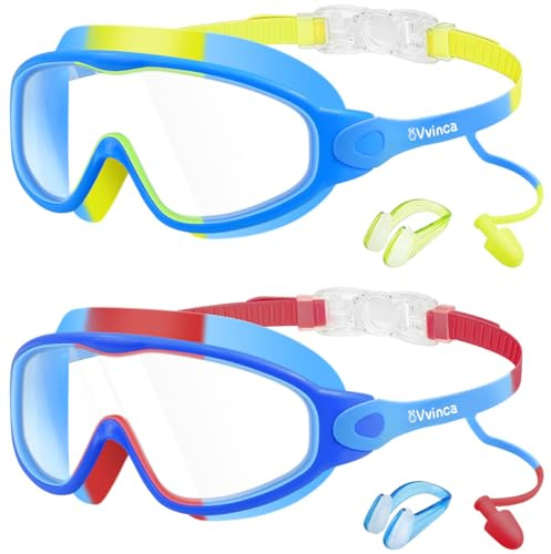 Vvinca Kids Swimming Goggles, 2 Pack Swim Goggles with Earplugs& Nose Clip Wide View No Leakage Anti-Fog UV Protection for Children Boys Girls Teens Age 3-15 Blue Red & Blue Yellow