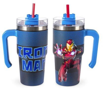 H&H Tazza Termica con Cannuccia Ironman Armored – Tumbler Termico 0,6L, in Acciaio Inox | Isolamento Termico Doppia Parete | Riutilizzabile, Antigoccia, Ideale per Scuola, Ufficio, Sport e Viaggi