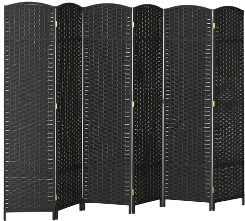HOMCOM Paravento da Interno a 6 Pannelli Pieghevole, 240x170 cm Separé Divisorio per Ambienti Interno Autoportante Intrecciato in PP e Legno di Pino per Casa, Soggiorno e Ufficio, Nero