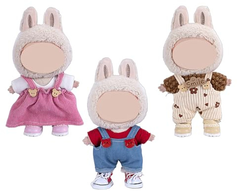 6 Pièces Set de Vêtements pour Poupée 17 cm – 3 T-Shirts (Blanc/Rouge/Marron) + 3 Salopettes (Rose/Bleu/Abricot), Accessoires À Changer, Tenues pour Mini Poupée de Collection (Poupée Non Incluse)