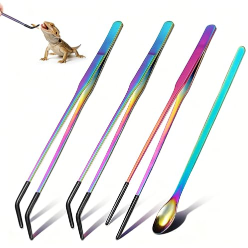 XHNKEG 4PCS Reptile Feeding Tongs, Feeding Pliers with Rubber Tip Terrarium Long Handle Spoon Straight & Curved Tweezers Terrarium Tools for Lizards Gecko