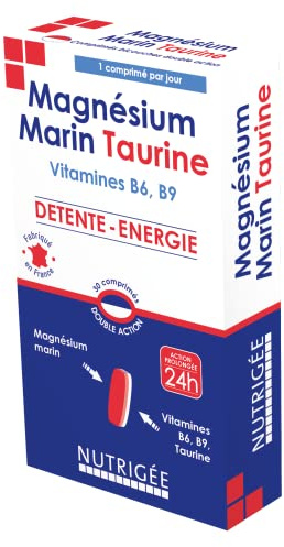 NUTRIGÉE - Magnésium Marin Taurine - Détente & Énergie - Réduit la Fatigue, Favorise L'Équilibre Psychique et un Système Nerveux Normalisé - 30 Comprimés - Programme de 30 Jours - Fabriqué en France