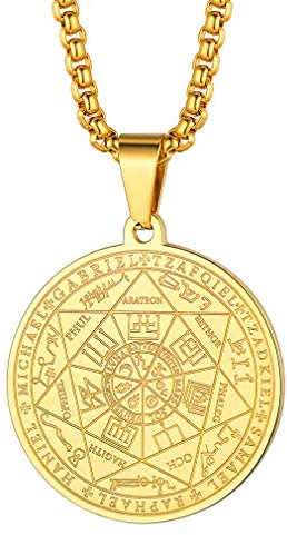 FaithHeart Colgante Oro 18K Sello 7 Arcangeles Acero Inoxidable 316L Amuleto Hombre Sello Salomón Tetegramaton Medalla Cristiana Iglesia Sigilo Santo Patrón
