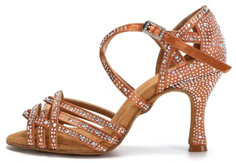AOQUNFS Donna Scarpe da Ballo Latino Americano Strass con Tacco Salsa Bachata Tango Feste Performance Scarpe Ballo da Sala,L357-Marrone-7.5,EU34