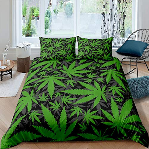 Tbrand Marihuana Blatt Bettwäsche Set 135x200cm Cannabis Print Betten Sets Grün Grau Botanische Zweige Bettbezug Set Für Jungen Mädchen Jugend Mit 1 Kissen Shams Marihuana Weed Blatt