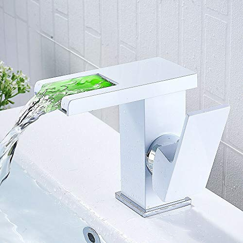 Waschtischarmaturen-LED Wasserfall Einhandmischer Wasserhahn Bad Waschtisch Waschbecken Armatur Waschtischarmatur Wasserfall Badarmaturen (Weiß)