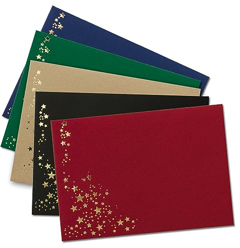 15x Briefumschläge mit Metallic Sternen - DIN C5 - Mix Set 10, Umschläge in Rot, Schwarz, Grün, Blau und Kraftpapier - mit Sternen in Gold