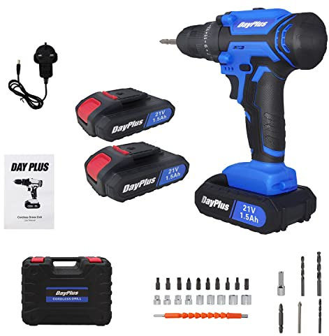 HSHa Cordless Drill Driver 21V, Power Tool with 2 Batteries 1.5Ah, 25+1 Torque, 45N.m Max Electric Drill, 2 Speed, LED Light, 26 Accessories for Home and Garden DIY Project, Blue