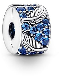 PANDORA Geschwungene Feder & Pavé-Clip aus Sterling-Silber mit Cubic Zirkonia in der Farbe Silber-Blau, PANDORA Moments Kollektion, 792552C01