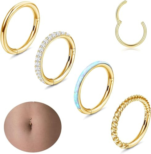 Diamday 14G Nombril Piercing Anneau Hoop Acier Inoxydable Ventre Anneaux Femmes CZ Opale Clicker Cercle Nombril Barbell Belly Button Hoop Oreille Nez Lèvres Navel Corps Piercing Bijoux Or 10mm