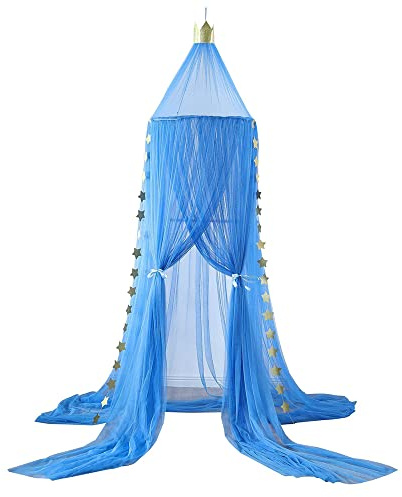 Surwin Ciel de Lit pour Bébé Enfants, Moustiquaire Rideau Baldaquin Couronne Dôme Romantique Princesse Tente de Lit, Étoile Décoration Chambre à Coucher Dressing Lecture Maison de Jeux (Bleu Foncé)