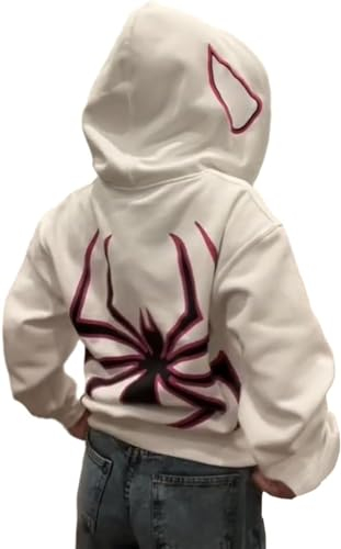 YINGKE Herren Spinnen Print Kapuzenpullover Y2K Punk Dunkle Gotisch Halloween Jacke mit Reißverschluss Unisex Kapuzenpullover(S,Weiß)