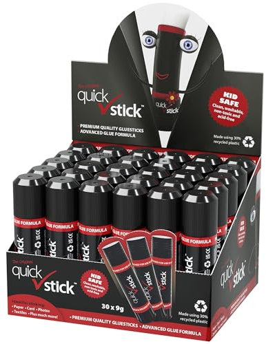 Quick Stick Glue Stick Pack of 30 x 9g Multipack Strong Hold Original Quality Adhesive Safe Small Glue Sticks for School & Children, Crafting Glue, Scrapbooking, Office, School Supplies and Much More