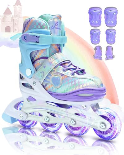 Inliner für Kinder 30-41 Verstellbar, Sportneer Inline Skates Mit 6er Protektoren Setfür Kinder Mädchen Damen, 8 LED inliner Kinder Regenbogenserie