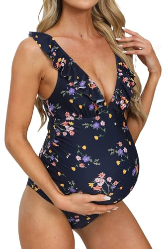 CUPSHE Women Swimsuit Maternity One Piece Bathing Suit Deep V Neck Ruffle Back Tie Ruching Adjustable Straps Swimwear, L
