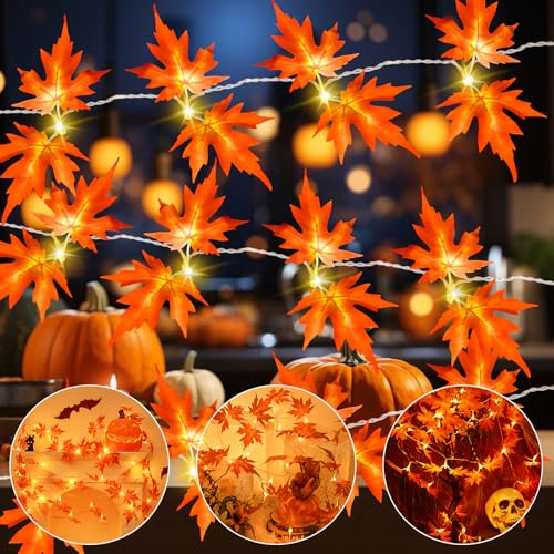 Herbst Dekoration Lichterkette, Gcstnn 3M 20LED Ahornblätter Lichterkette Batteriebetrieben mit Timer, Künstliche Ahornblatt Herbst Girlande für Halloween,Herbst,Kürbis,Erntedankfest,Innen Außen Deko