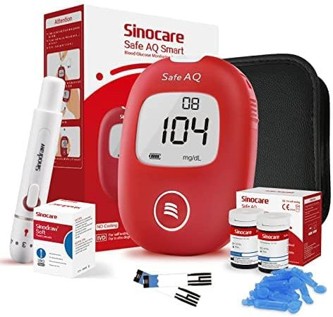 Sinocare Medidor Glucosa en Sangre, 50 x Tiras Kit Prueba Glucosa en Sangre, Prueba Glucosa en Sangre - mg/dL (Safe AQ Smart)