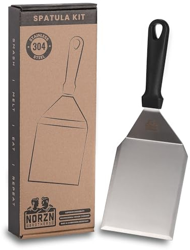 Norzn Brothers Espatula Plancha – Espatula Cocina Acero Inoxidable 304 para Hamburguesa, Grill, Barbacoa BBQ, Parrilla, Plancha Teppanyaki, Certificado. Contanto Alimentos, Garantía 10 Años