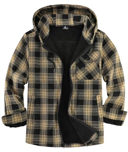 JACKETOWN Chaqueta Leñador Hombre Camisera Forrada para Hombre Capucha a Cuadros de Franela Cremallera Sherpa Trekking Invierno Camisa Franela Actividades al Aire Libre(Arroz Negro M)