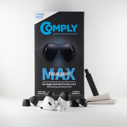 Comply TrueGrip MAX | Premium Memory Schaumstoff Ersatz-Ohrstöpsel für Apple AirPods Pro (1 & 2 Generation) | SmartSkin™-Technologie | schwarz, Größe L, 3 Paar