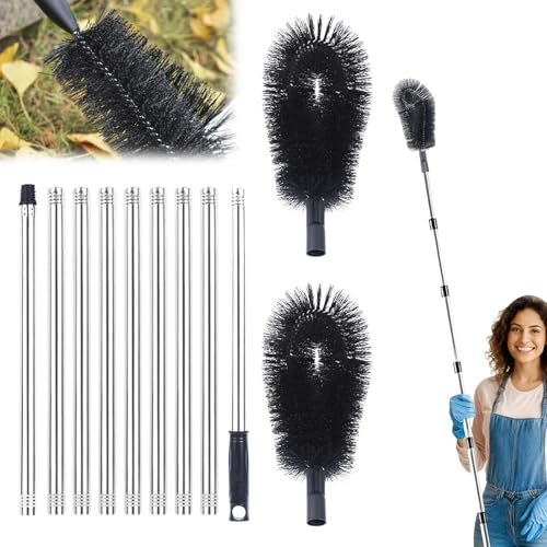Gutter Cleaning Tools, 3.6M Long Adjustable Gutter Cleaner with 2 Brush Heads 9 Poles, Telescopic Roof Cleaning Brush for Removing Roof Leaves Debris (Black)