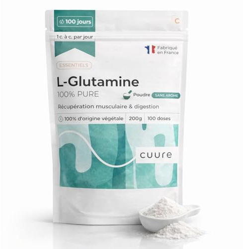 L-Glutamine - CUURE - Acide Aminé en Poudre [200g] - 100% Pure - Récupération Sport - Hautement Biodisponible - 30 Jours - Saveur Neutre - Fabriqué en France