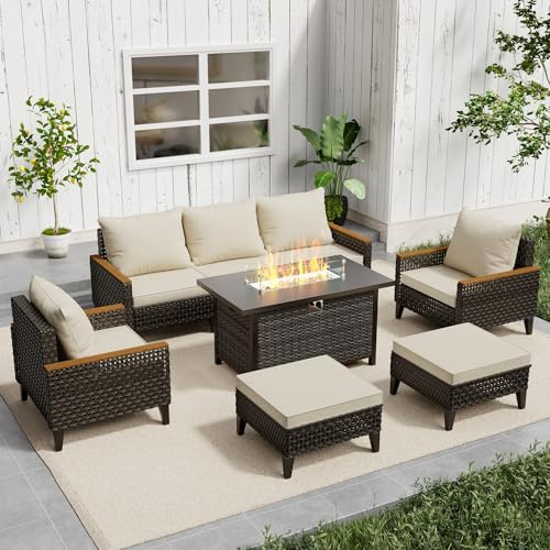 Xmkmvk 8 Piece Patio Sectional Sofa Set with 50000 BTU Fire Pit Table, All-Weather Wicker Rattan Outdoor Conversation Set, High Back, for Garden, Porch, Poolside, Beige