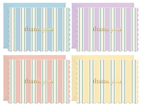 SWEETZER & ORANGE Stripe Mini Thank You Cards – Set of 36 Small 3.5x5” Gold Foil Thank You Notes with Scalloped Edges, Envelopes & Storage Box – Blank Inside – for Personal or Small Business Use