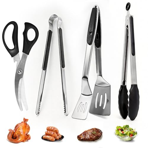 Herramientas para barbacoa, juego de 4 utensilios para barbacoa con abrazadera de parrilla, tijeras de carne, pinzas de carne dentadas de 10 pulgadas, pinzas de silicona de 13 pulgadas, accesorios de
