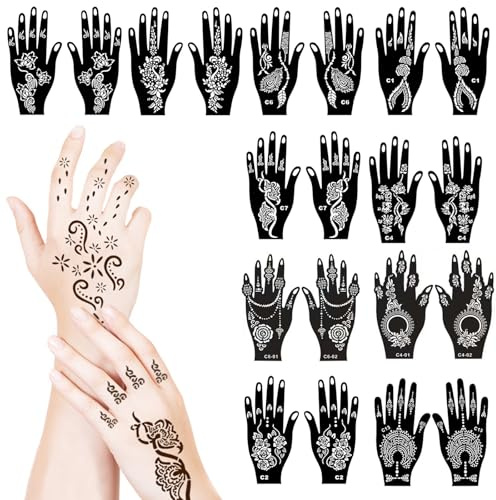 MNYXIS 10 Hojas de Plantillas para Tatuajes Temporales de Mano, henna tatuajes, tatuajes temporales adultos, Stencils de Henna Reutilizables para Pintura Corporal y Mehndi, Diseños de Arte Corporal