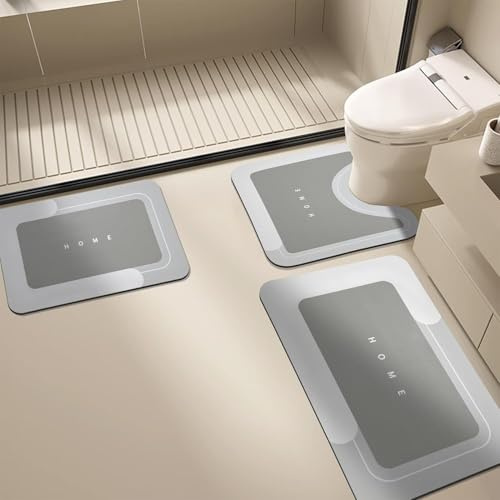 Jyswx 3-Piece Diatomite Bath Mat Set – Quick-Drying Anti Mould Bathroom Mats, Non Slip Absorbent Bath Rug Set with U-Shaped Toilet Mat, Lightgrey, 50x80+50x60U+40x60cm
