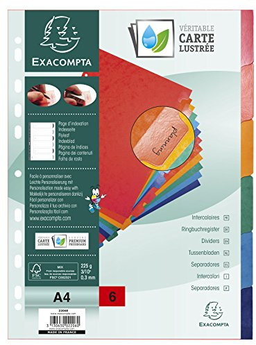 Exacompta - Réf. 2206E - Intercalaires en carte lustrée 225g/m2 FSC® avec 6 onglets neutres en couleurs - renforcés et plastifiés - Bande de perforation renforcée - Format à classer A4