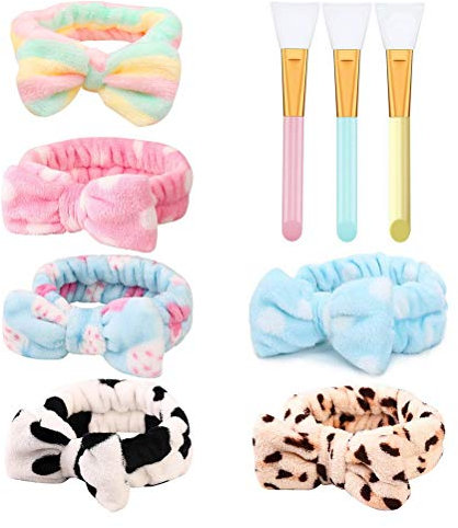 6 Pack Bowknot Spa Headband, Coral Fleece Hair Bands With 3 Silicone Face Mask Brush for Women Girls Washing Face Beauty Skincare Sports Christmas Gifts