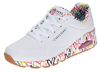 Skechers Femme Uno Loving Love Chaussures, White Durabuck Multi Colored Mesh Trim, 39.5 EU