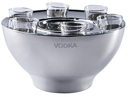 Wodkakühler Wodka Spirituosen Kühler VODKA Edelstahl + 6 Shotgläsern Silber, Flaschenkühler Getränkekühler, Party Geschenk 25x25x14 cm