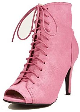 GATUXUS Women Platform Open Toe Lace Up High Heel Boots Ankle Booties Pump Shoes (7.5, Pink, numeric_7_point_5)