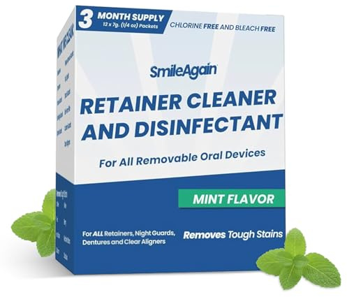 SmileAgain Retainer Cleaner - 90-120 Cleanings 12 Pack/3 Month Supply - for Clear Aligners, Dentures, Mouth Guards & Night Guards - Our Oral Appliance Cleaner & Denture Care Powder - Mint Flavored