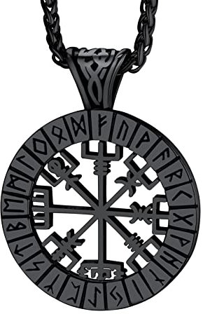 Bandmax Herren Halskette mit Wikinger Kompass Anhänger Schwarze Kette Halskette mit Kreis Anhänger gravierter Runenes Klassisches Halskettchen aus Edelstahl Modeschmuck