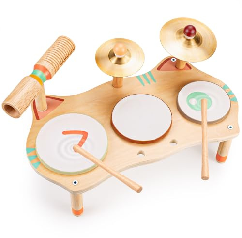 WINGYZ Kids Drum Set for Toddlers, All-in-One Montessori Musical Instruments - Wooden Music Toys for Baby, Neutral Colors, Sensory Preschool Drum Kit, Birthday Gifts for Boys Girls
