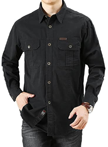 FAWHEWX Men's Button Down Shirt Cotton Wash Casual Long Sleeve Jacket Men's Regular Fit Long Sleeve Two Pocket Utility Shirt Loose Fit Long Sleeve Casual Shirt with Breast Pocket(A-Black/XXL)