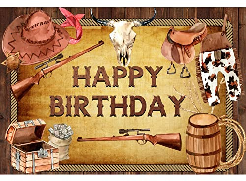 SDOTPMT 6x4ft Jeans Joyeux Anniversaire Polyester Bretelles Pantalons Western Country boardhunter Shotgun Bottes Chapeau Corde Shotgun Fond décoration Photo Prop