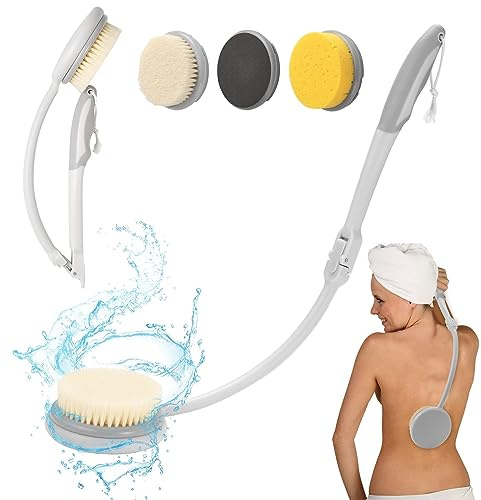 Fanwer Back Scrubber for Shower, 3 in 1 Foldable Bath Brush Long Handle for Shower, Sponge Scrub Brush for Body Washing,Foot Scrubber with Curved Handle for Elderly, Disabled,Men and Women
