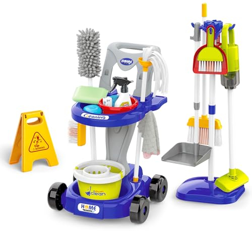 deAO Kinder Putzwagen ab 2 3 Jahre mit Wischmop, Eimer, Besen, Staubsauger, Bürsten, Kehrschaufel, Handfeger, Reinigungswagen Set, Rollenspiel Haushaltsspielzeug, Cleaning Toy (Blau)
