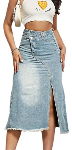 TACSTRUN Falda Vaquera Informal de Cintura Alta para Mujer, Falda Vaquera Midi con Abertura Frontal y Botones envolventes,Light Blue,M