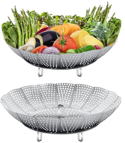 Edelstahl Dampfgarer, 2 Stück Dämpfeinsatz, Einstellbar Dünsteinsatz, Dampfgar-Einsatz Faltbar Dämpfkorb Gemüsedämpfer für Gemüse, Pfannen und Verschiedene Kochvorgänge 2 Größen Silber